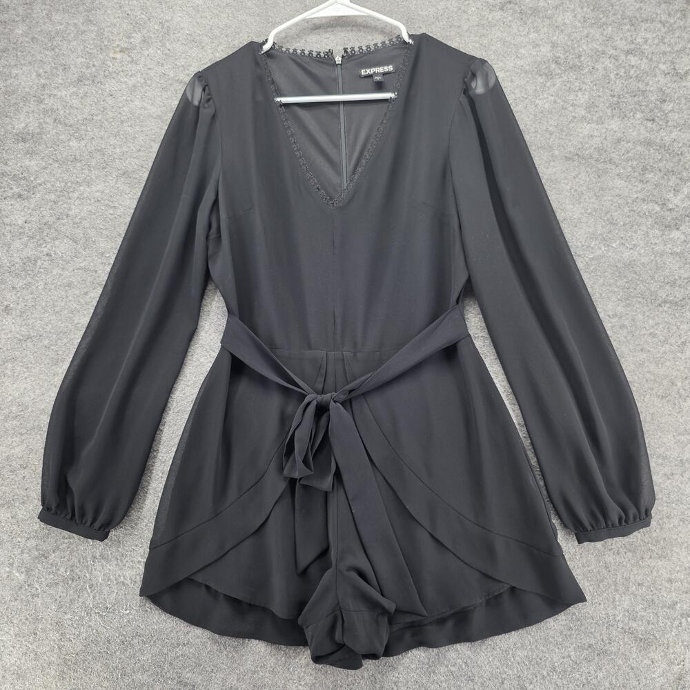 Express Romper Womens 4 Black Long Sleeve V Neck Tie Waist Zip Party Cocktail